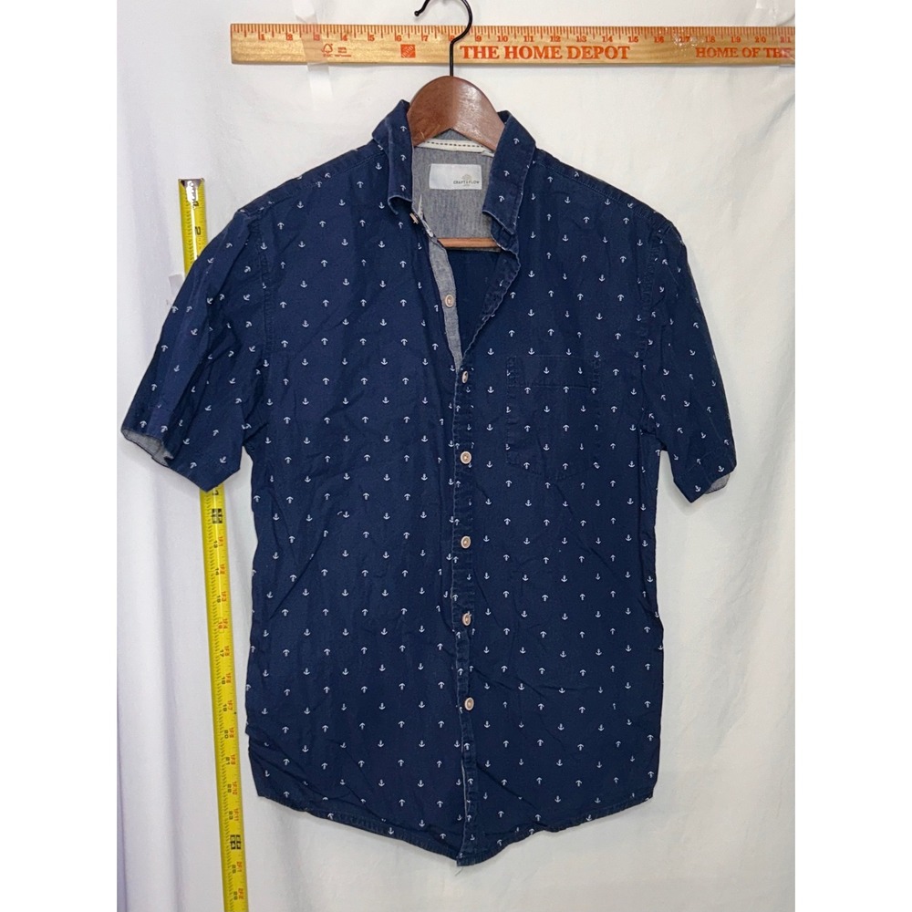 Craft & Flow Mens Small Navy Anchor Print Short Sleeve Button Down‎ Shirt